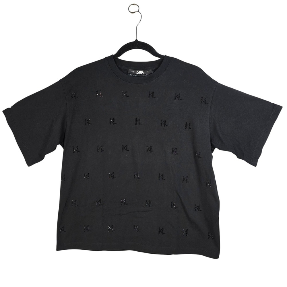 Karl Lagerfeld Black Rhinestone KL Monogram Organic Cotton T-Shirt Womens Medium